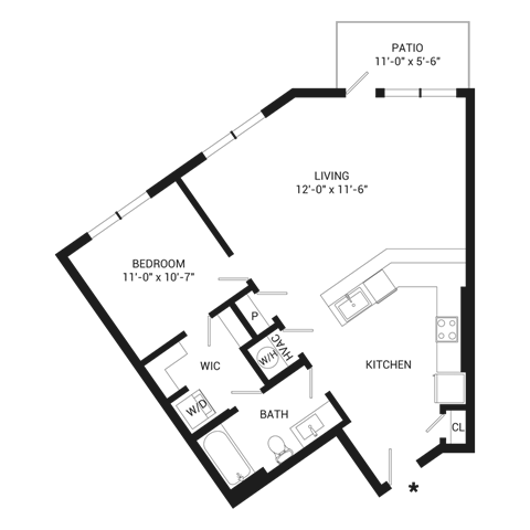 Floor plan for 1 bed, 1 bath, 816 sqft
